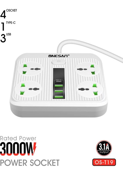 Çıkışlı ve 3 USB Bağlantı Noktalı Güç Kablosu 1pd Çıkışı 2m Uzatma Kablosu (3000W/20A) (Yurt Dışından)