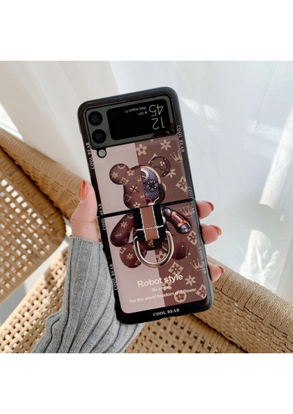 Flip 3 Muhafaza Kılıf Samsung Galaxy Z Flip 3 5g Taşınabilir El Halkası Vintage Çiçekler Ekleme Karikatür Ayı Sert Cep Telefonu Kılıfı Z Flip 3 (Yurt Dışından)