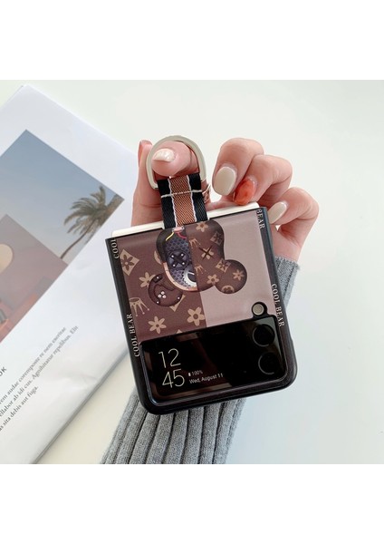 Flip 3 Muhafaza Kılıf Samsung Galaxy Z Flip 3 5g Taşınabilir El Halkası Vintage Çiçekler Ekleme Karikatür Ayı Sert Cep Telefonu Kılıfı Z Flip 3 (Yurt Dışından)
