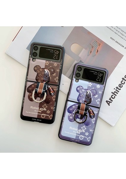 Flip 3 Muhafaza Kılıf Samsung Galaxy Z Flip 3 5g Taşınabilir El Halkası Vintage Çiçekler Ekleme Karikatür Ayı Sert Cep Telefonu Kılıfı Z Flip 3 (Yurt Dışından)