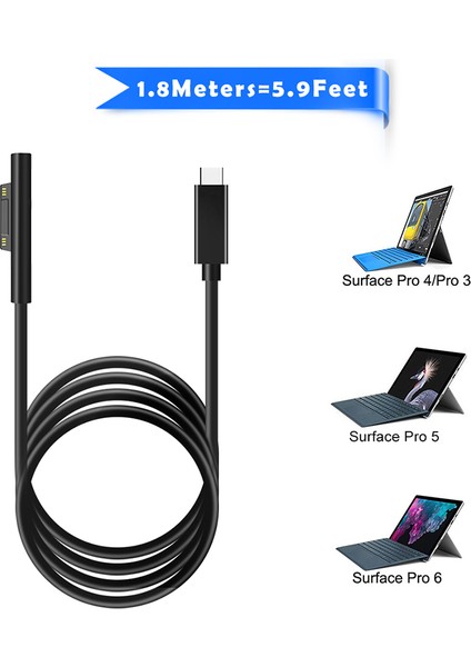 USB Tip C 15V Pd Şarj Adaptörü Şarj Kablosu Surface Pro 7/6/5/4/3/go/kitap Dizüstü Bilgisayar 1/2 (Yurt Dışından)