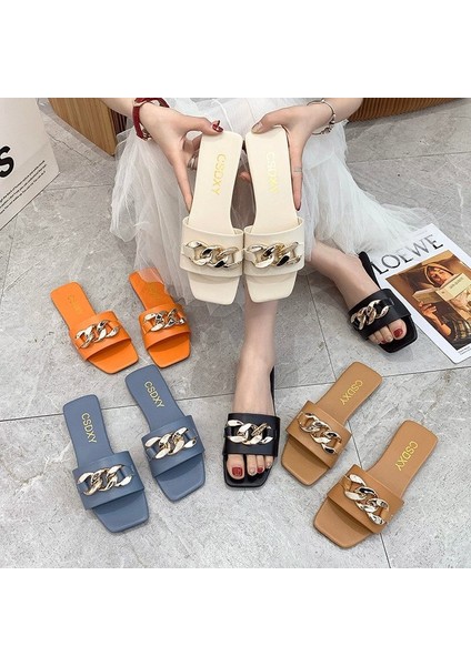 Kadın Metal Tokalı Düz Terlik Moda Tek Kelime Sandalet 2022 Yaz Yeni Hygc (Yurt Dışından) modelleri