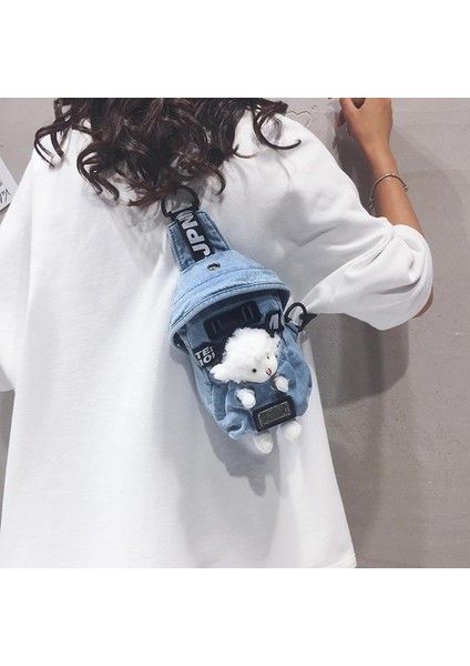 Denim Çanta Kız Sevimli Ayı Omuz Göğüs Çantası Moda Ins Karikatür Messenger Çanta (Yurt Dışından) modelleri