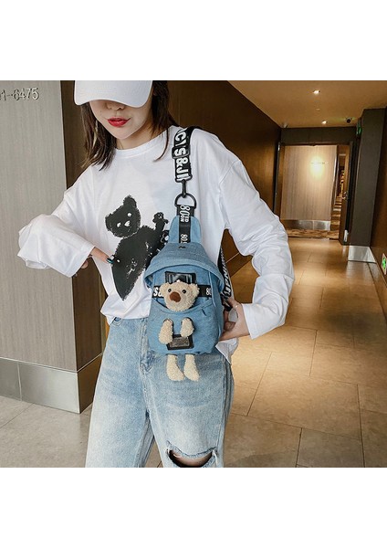 Denim Çanta Kız Sevimli Ayı Omuz Göğüs Çantası Moda Ins Karikatür Messenger Çanta (Yurt Dışından) indirimleri