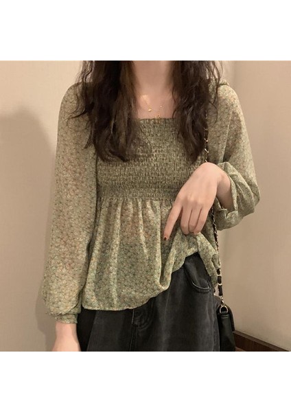 Hazır Stok Kore Moda Kadın Kare Boyun Şifon Çiçek Bluz Plicated Kısa Stil Uzun Kollu Üst (Yurt Dışından) fırsatları