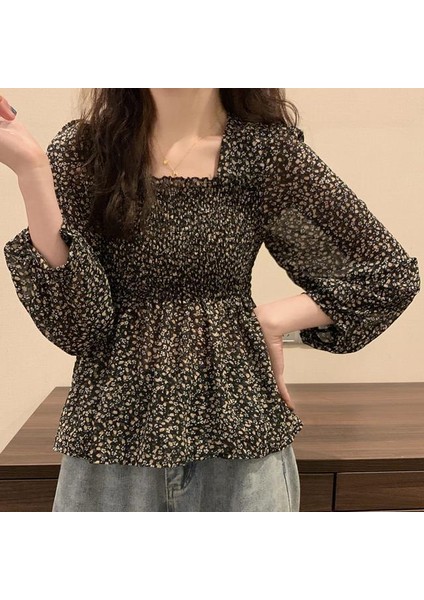 Hazır Stok Kore Moda Kadın Kare Boyun Şifon Çiçek Bluz Plicated Kısa Stil Uzun Kollu Üst (Yurt Dışından) indirimleri