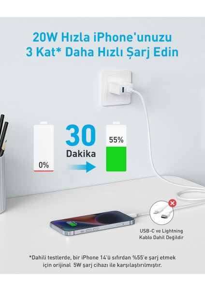 20W USB-C + USB-A Çift Portlu Şarj Cihazı - A2348 - Beyaz (Anker Türkiye Garantili)