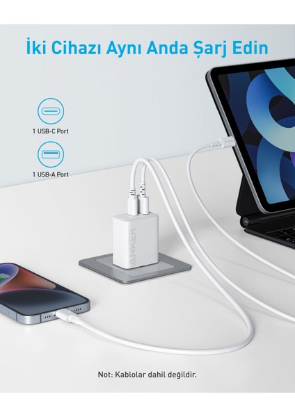 20W USB-C + USB-A Çift Portlu Şarj Cihazı - A2348 - Beyaz (Anker Türkiye Garantili)