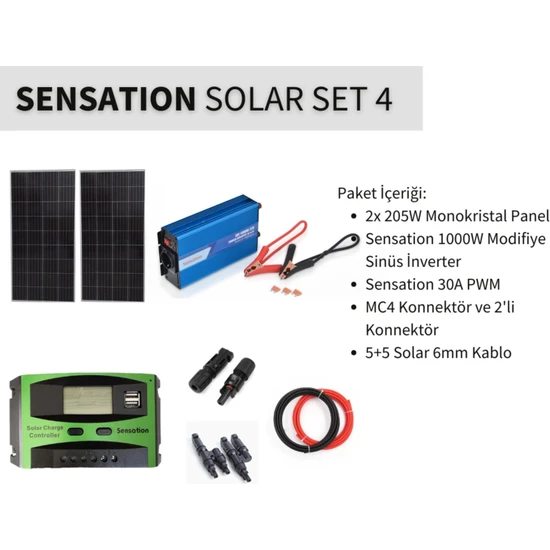 Sensation Solar Set Paket 4 (Karavan, Bağ Evi) Monokristal Güneş Paneli-Pwm-Inverter Modifiye Sinus