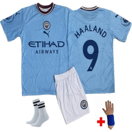 Sidas Manchester City Haaland Mavi Çocuk Forması 4'lü Set Forma+Şort+Çorap+Bileklik