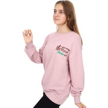 İrem Çocuk Giyim Kız Çocuk Çift Taraf Nothing Yazı Desenli Oversize Pudra Sweatshirt