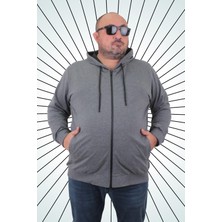 Moc Grande  Büyük Beden Basic Mevsimlik Fermuarlı Kapüşonlu Sweat 22751 Grı Melanj