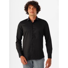 Süvari Slim Fit Klasik Yaka Armürlü Siyah Erkek Gömlek GM2024700452