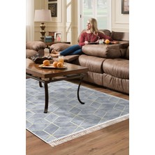 Dekoreko Dijital Salon Halısı Trend Keçe Kaymaz Taban Saçaklı Modern Hope Mavi