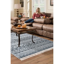 Dekoreko Dijital Salon Halısı Trend Keçe Kaymaz Taban Saçaklı Iskandinav Mali Lacivert