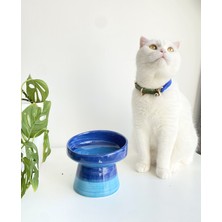 Stilin Bu Kedi Mama Kabı El Yapımı Seramik Gökkuşağı Mavi