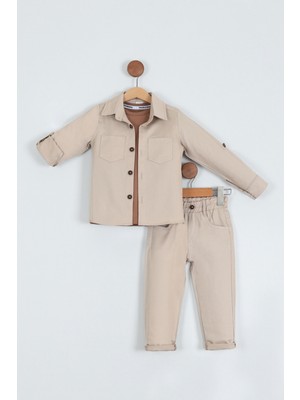 Pollito Erkek Çocuk Pamuklu Gömlek Tişört Pantolon 3'lü Alt Üst Takım