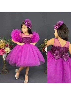 Defada Kız Çocuk Pullu Tül Etek Giyilebilir Ponponlu Tokalı Abiye Özel Gün Elbisesi