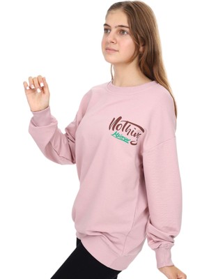 İrem Çocuk Giyim Kız Çocuk Çift Taraf Nothing Yazı Desenli Oversize Pudra Sweatshirt