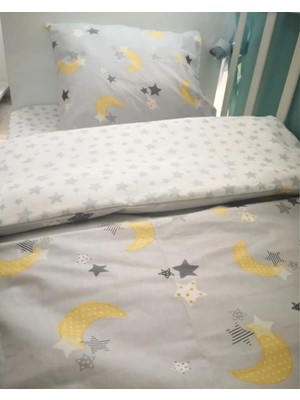 %100 Pamuk Bebek/çocuk Yastık Çarşaf Yorgan Seti Gri Ay Yıldızlı