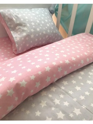 Bebek Özel  Pamuk Bebek/çocuk Yastık Çarşaf Yorgan Seti Pembe/gri Yıldızlı 60X120