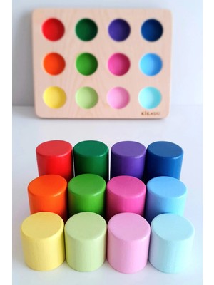 Kikadu Montessori Eşleştirme Tablalı Silindirler& Eğitici Kart& Çanta - 12 Renk