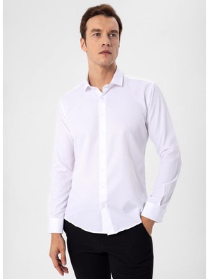 Süvari Slim Fit Klasik Yaka Armürlü Beyaz Erkek Gömlek GM2024700373