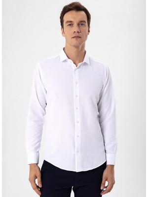 Süvari Slim Fit Klasik Yaka Armürlü Beyaz Erkek Gömlek GM2024700410