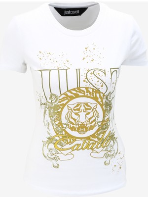 Just Cavalli Bisiklet Yaka Baskılı Beyaz Kadın T-Shirt 75PAHF03