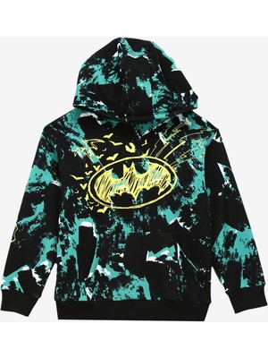 Never Say Never Erkek Çocuk Siyah - Yeşil Kapüşonlu Oversize Baskılı Batman Sweatshirt