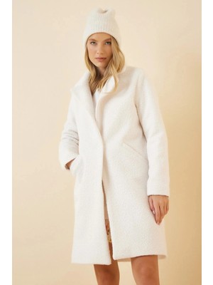 Hazelin Kadın Beyaz Tek Düğmeli Çift Cepli Astarlı Buklet Kaşe Kaban HZL22W-BD190821