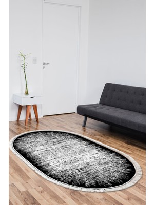 Dekoreko Dijital Salon Halısı Star Pamuk Kaymaz Taban Saçaklı Oval Modern Evelina  Siyah