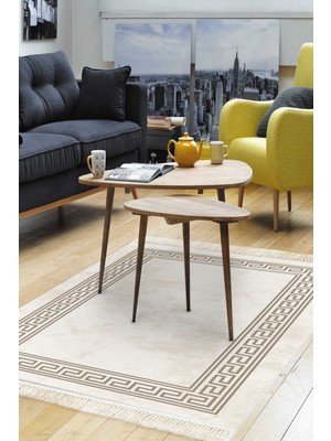 Dekoreko Dijital Salon Halısı Yıldız Deri Kaymaz Taban Saçaklı Modern Cassietta Krem