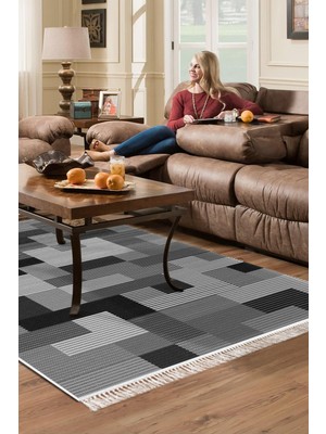 Dekoreko Dijital Salon Halısı Star Pamuk Kaymaz Taban Saçaklı Modern Andrina Gri