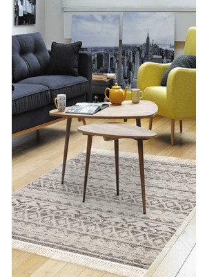 Dekoreko Dijital Salon Halısı Trend Keçe Kaymaz Taban Saçaklı Iskandinav Mali Açık Kahve