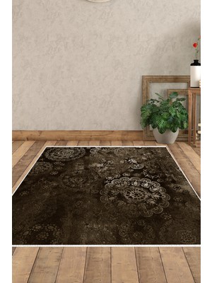 Dekoreko Dijital Salon Halısı Trend Keçe Kaymaz Taban Modern Aubree Kahve