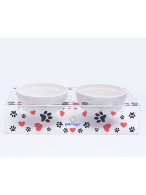 Petmagic Akrilik Pleksi Evcil Hayvan Beyaz Seramik Kaseli Kedi Mini Köpek Mama Su Kabı- Siyah Patili