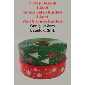 Netsan Etiket 2cm x 2mt Yılbaşı Desenli Kırmızı Saten Kurdele + Yeşil Grogren Kurdele