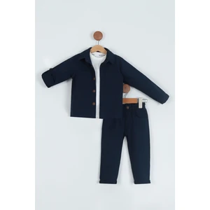 Erkek Çocuk Pamuklu Gömlek Tişört Pantolon 3'lü Alt Üst Takım