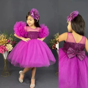 Kız Çocuk Pullu Tül Etek Giyilebilir Ponponlu Tokalı Abiye Özel Gün Elbisesi