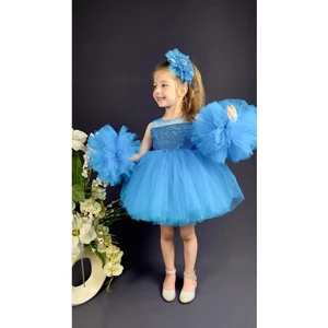 Kız Çocuk Ponponlu Tokalı Pul Payet Abiye Elbise