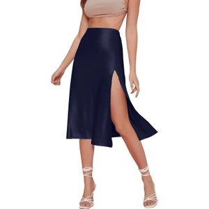 NSM Life Lacivert Midi Yırtmaç Detaylı Yüksek Bel  Saten Etek