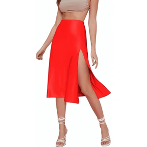 NSM Life Kırmızı Midi Yırtmaç Detaylı Yüksek Bel  Saten Etek