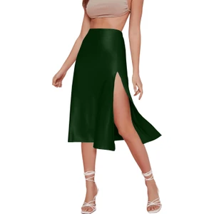 NSM Life Zümrüt Yeşil Midi Yırtmaç Detaylı Yüksek Bel  Saten Etek