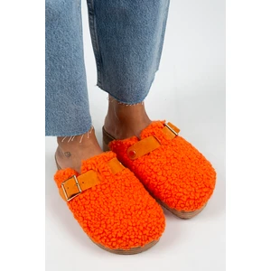 Juno Kadın Tekstil Kürklü Deri Kemerli Tokalı Turuncu Terlik
