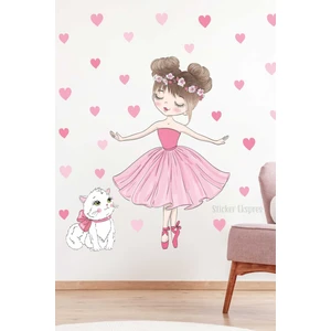 Sticker Ekspres Çocuk Odası Duvar Stickerı Balerin Kedi ve Kalpler Desenli Suya Dayanıklı 75x47cm