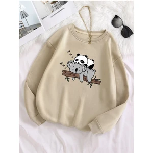 Kadın Bej Panda Baskılı Oversize Bisiklet Yaka Sweatshirt