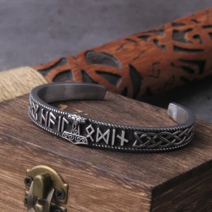 Thor Mjollnir Valknut Runik Yazılı Iskandinav Motifli Kelepçe Açık Erkek 316L Çelik Bileklik