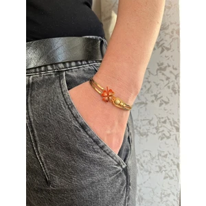 Kararmaz Çelik Simli Gold Şans Yoncası Çelik Kelepçe Bileklik Altın Kaplama Paslanmaz Çelik Kelepçe
