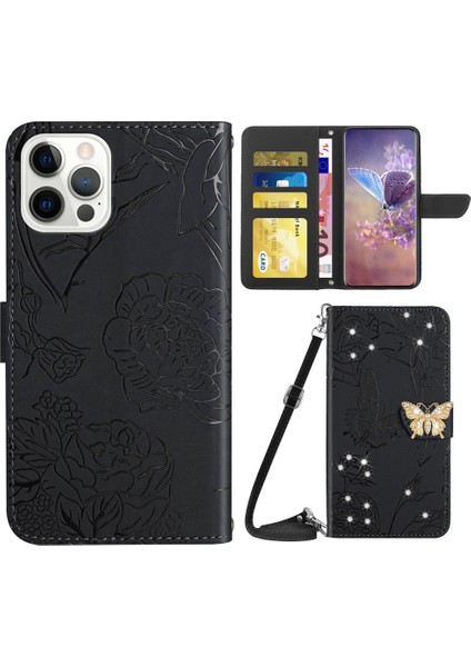 Iphone 14 Pro Max Için Max 6.7 Inç Kelebek Çiçekler Baskılı Rhinestone Dekoru Telefon Kapağı Cüzdan Elsiz Stand Deri Kılıf Omuz Kayışı Black (Yurt Dışından)